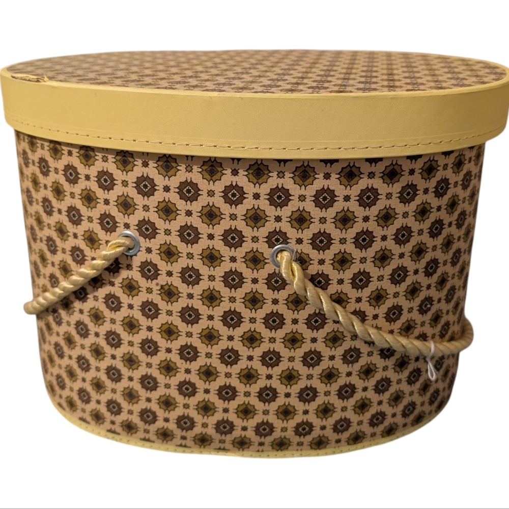 70s Vintage Patterned Brown and Yellow sewing Storage Box